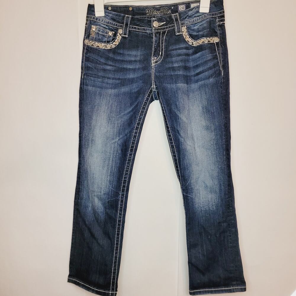 Miss Me Mid rise cropped sequin embroidered blue jean size 28 Glam Y2K Bling